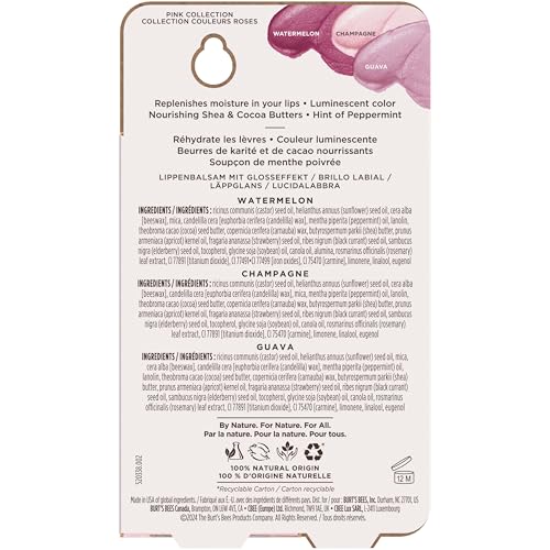 Burt's Bees Lip Shimmer Pink Collection for Valentine's Day Gifts, Tinted Lip Balm Stick, Moisturizing for All Day Hydration with Natural Glowy Pigmented Finish & Buildable Color, Value Pack, 3 Tubes