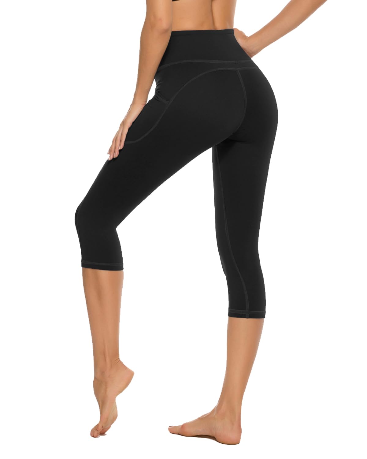 Stelle Womens High Waisted Legging Yoga Pants with Pockets for Workout(Black,L)