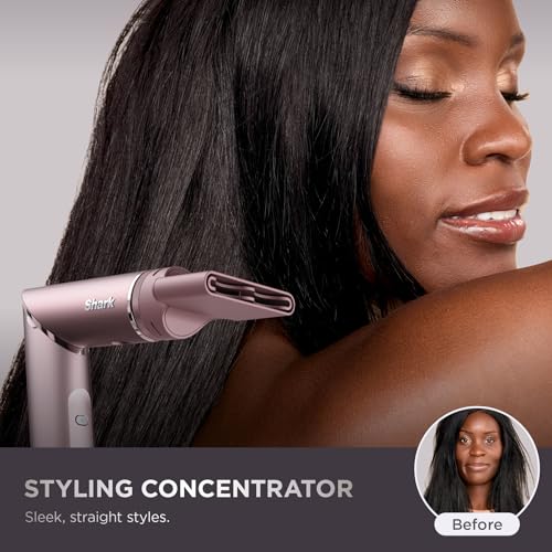 Shark FlexFusion Hair Straightener & Powerful Hair Dryer with Fusion Hair Brush, Ceramic Air Styler with Auto-Wrap Curlers & Concentrator, Ceramic Plates, Cosmic Blush HD641S