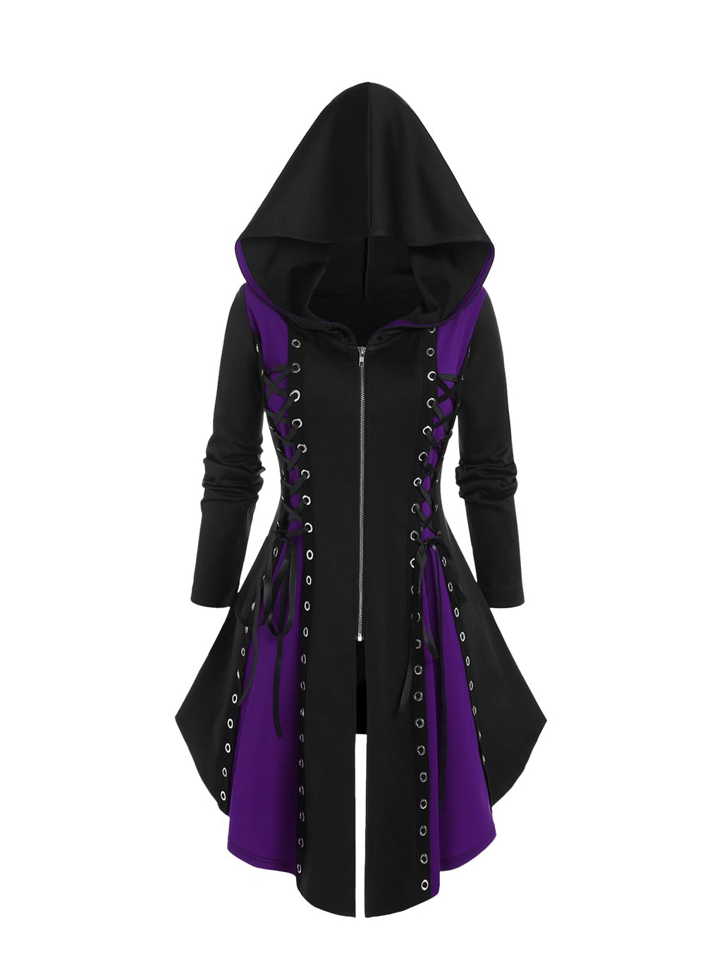 ROSE GAL Womens Plus Size Hooded Lace-up Grommets Color Block Gothic Zip Front Asymmetrical Hem Long Sleeve Top(Purple/4X)