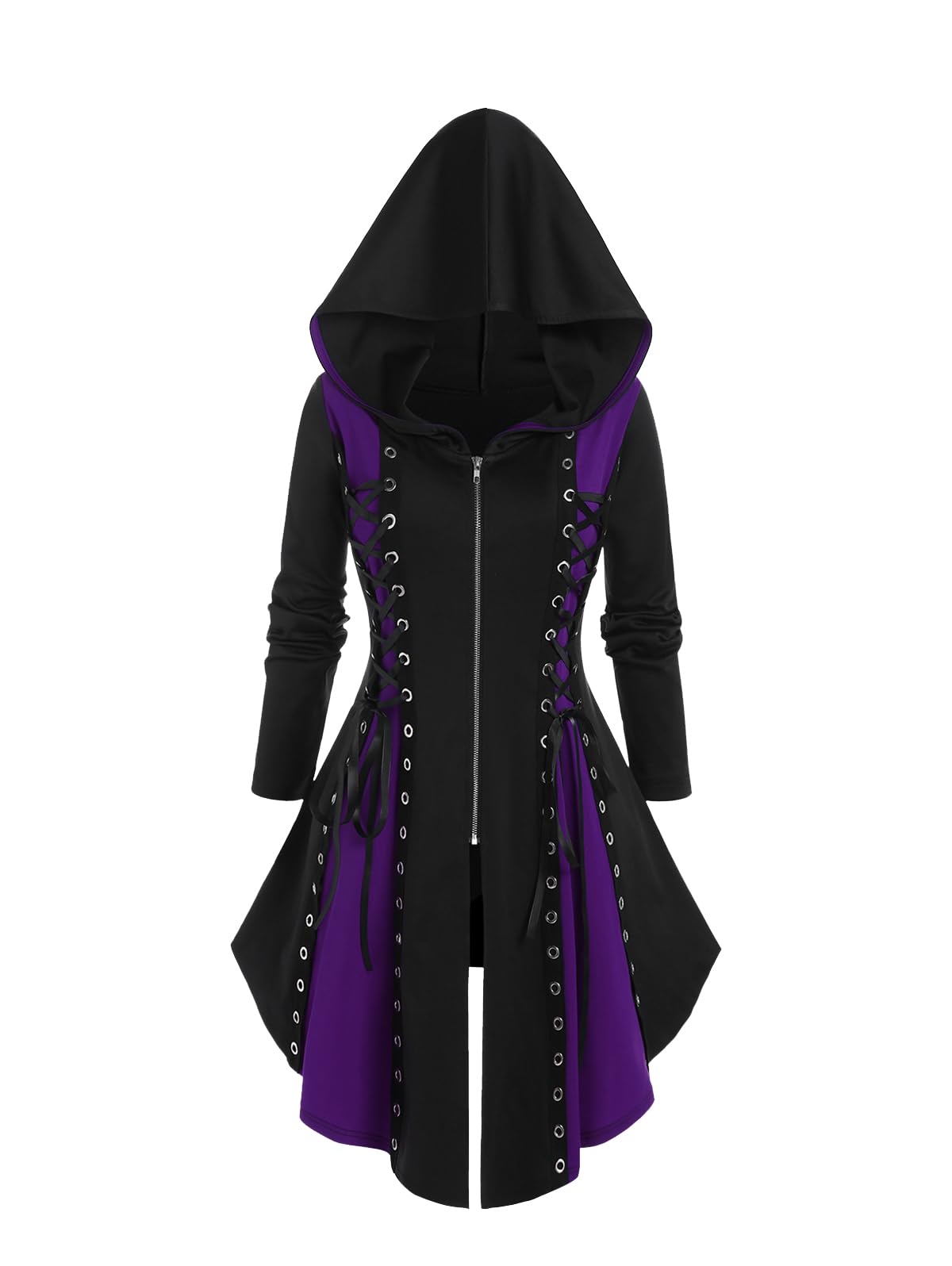 ROSE GAL Womens Plus Size Hooded Lace-up Grommets Color Block Gothic Zip Front Asymmetrical Hem Long Sleeve Top(Purple/4X)