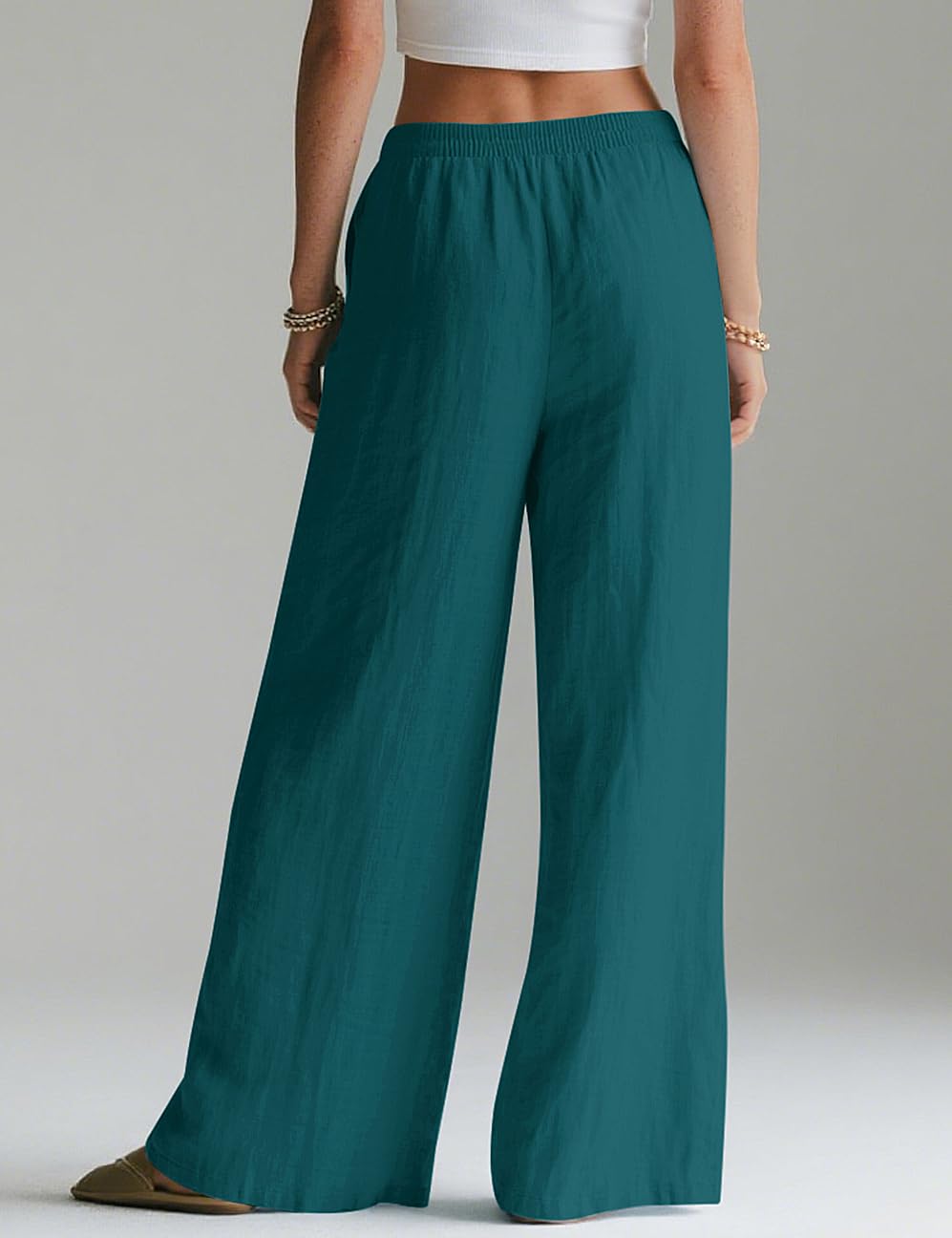 LOMON Linen Pants Women Wide Leg Palazzo Summer Flowy Pants Beach Vacation Clothes Loose Casual Travel Trousers with Pockets (Lake Green, M)