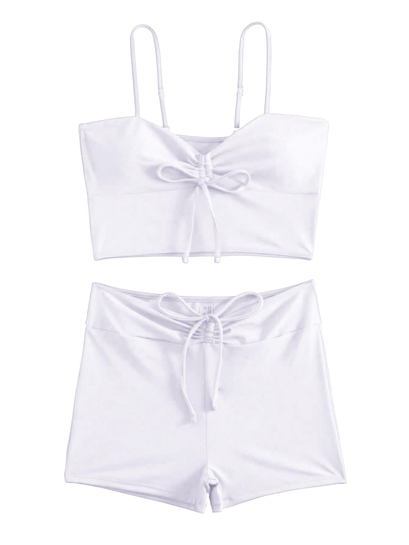 Lilosy Tummy Control Drawstring High Waisted Bikini Set String Swimsuit Spaghetti Strap Cami Top and Tie Side Shorts 2 Piece Women Bathing Suit White Small