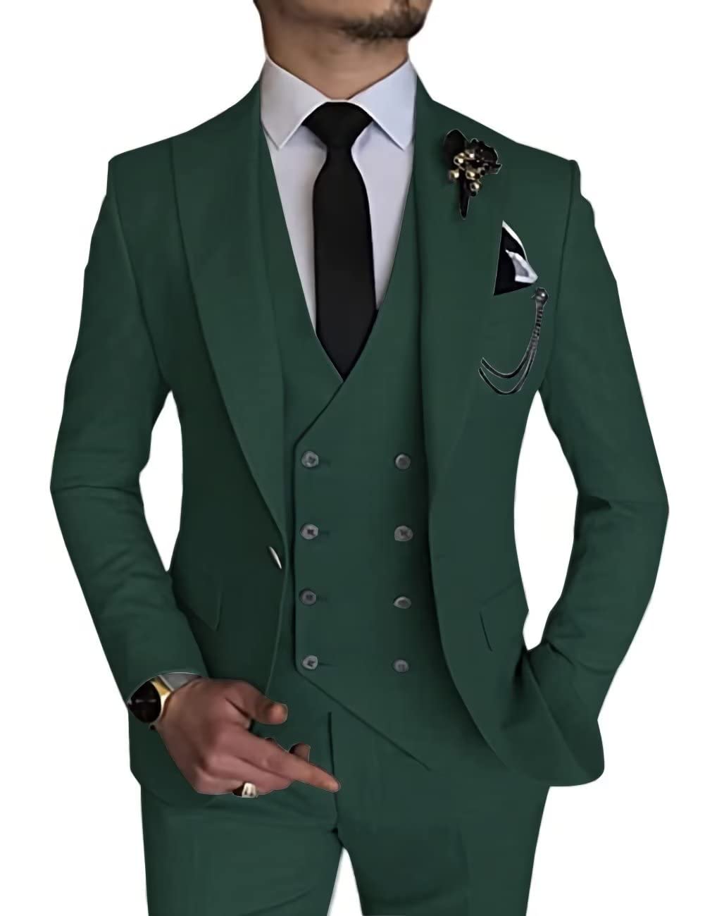 Wangyue 3 Piece Suit Slim Fit Double Breasted Mens Suits for Wedding Party Formal Prom One Button Blazer Vest Pants Sets Tailored Suits Large Tuxedo Business Hunt Green