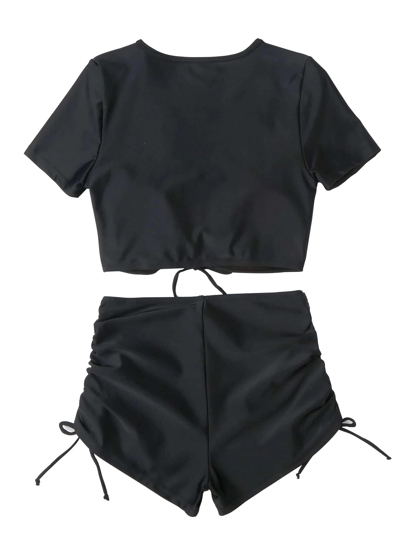Lilosy High Waisted Tummy Control Drawstring Bikini Set Srting Swimsuit Short Sleeve Top and Tie Side Shorts 2 Piece Women Bathing Suit Black 2# Medium