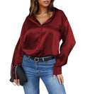 Damipow Satin Silk Button Down Shirts for Women Dress Shirts Long Sleeve Blouses Womens Shirt,Burgundy,M