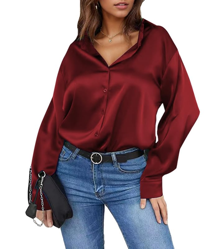 Damipow Satin Silk Button Down Shirts for Women Dress Shirts Long Sleeve Blouses Womens Shirt,Burgundy,M