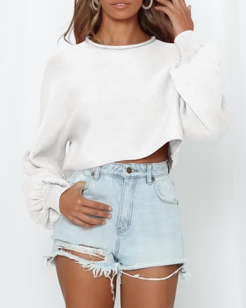 Imily Bela Womens Crewneck Cropped Sweaters 2023 Fall Slouchy Lantern Long Sleeve Trendy Loose Knit Y2K Pullover Sweater White