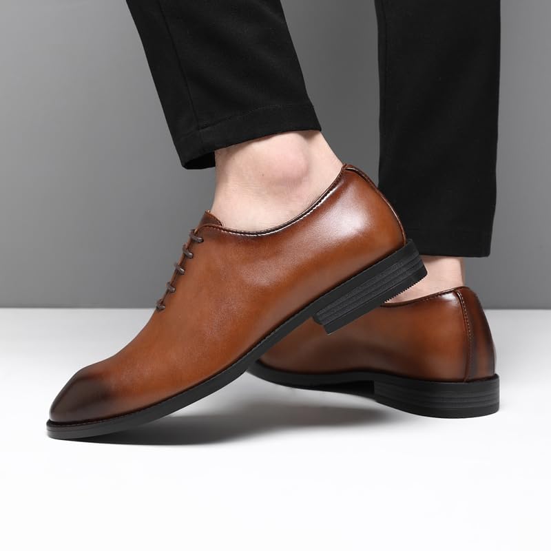 Ahico Men's Lace-Up Leather Shoes Classic Dress Shoes Oxford Shoes Formal Business Breathable and Comfortable, Casual and Work, Brown