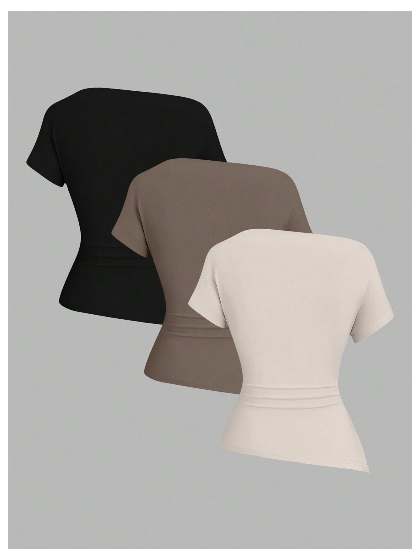 OYOANGLE Women's 3 Pack Short Sleeve Off The Shoulder Tops Ruched Side Slit Asymmetrical Hem Tshirts Black Brown Beige Small