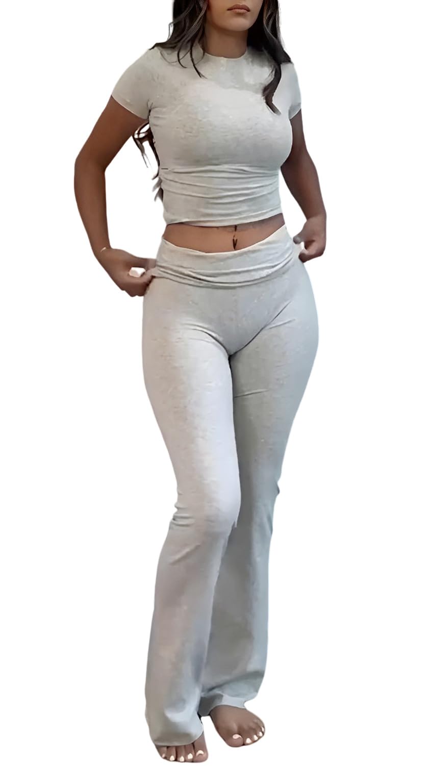 YETOWA Women's 2 Piece Lounge Outfits Slim Short Sleeve Tops Low Rise Flare Leggings Sets Yoga Sweatsuit