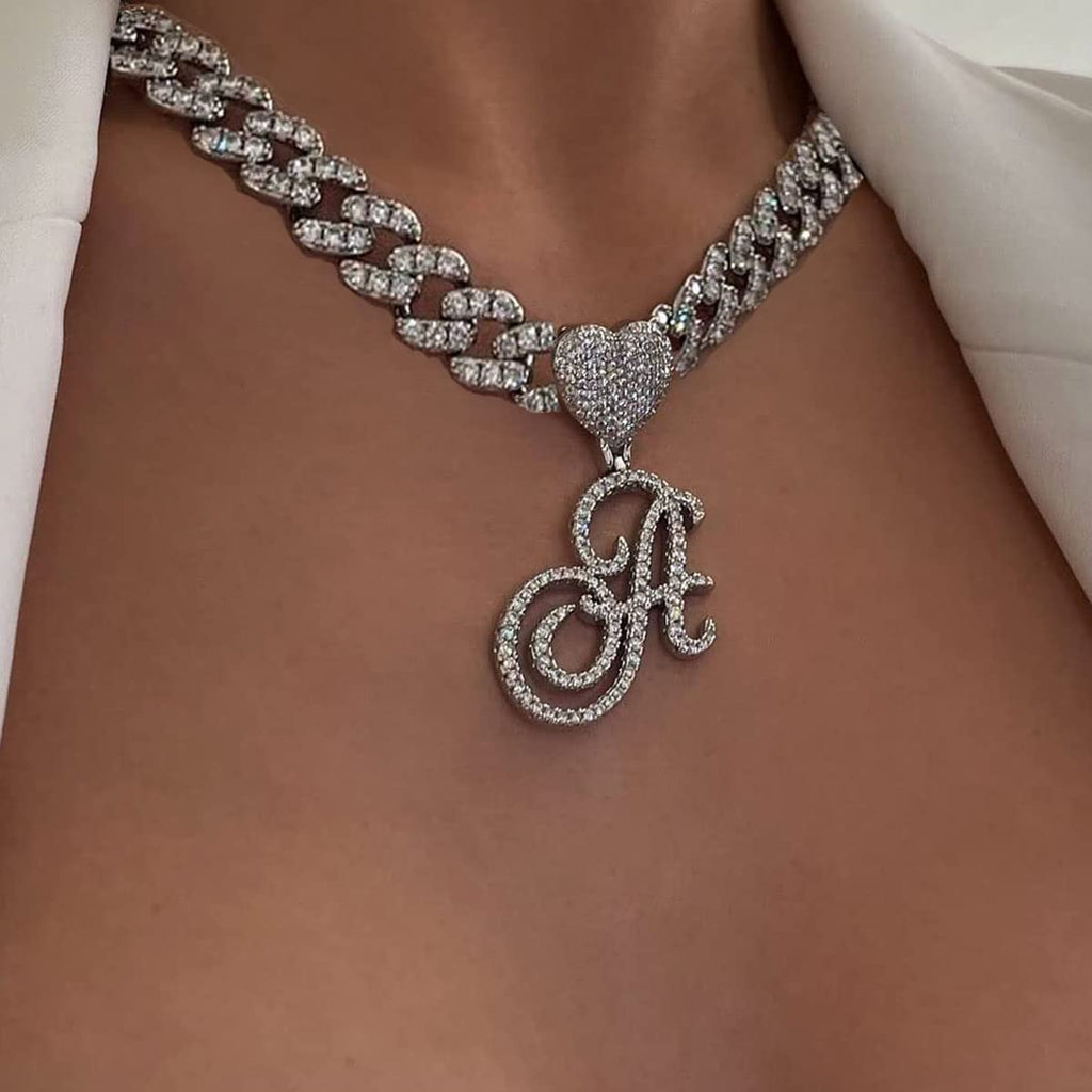BLBLJERY X Initial Necklaces Silver Cuban Link Chain for Women Iced Out Chain with Heart Letter Pendants Custom Chain Name Necklace Hip Hop Jewelry Gift