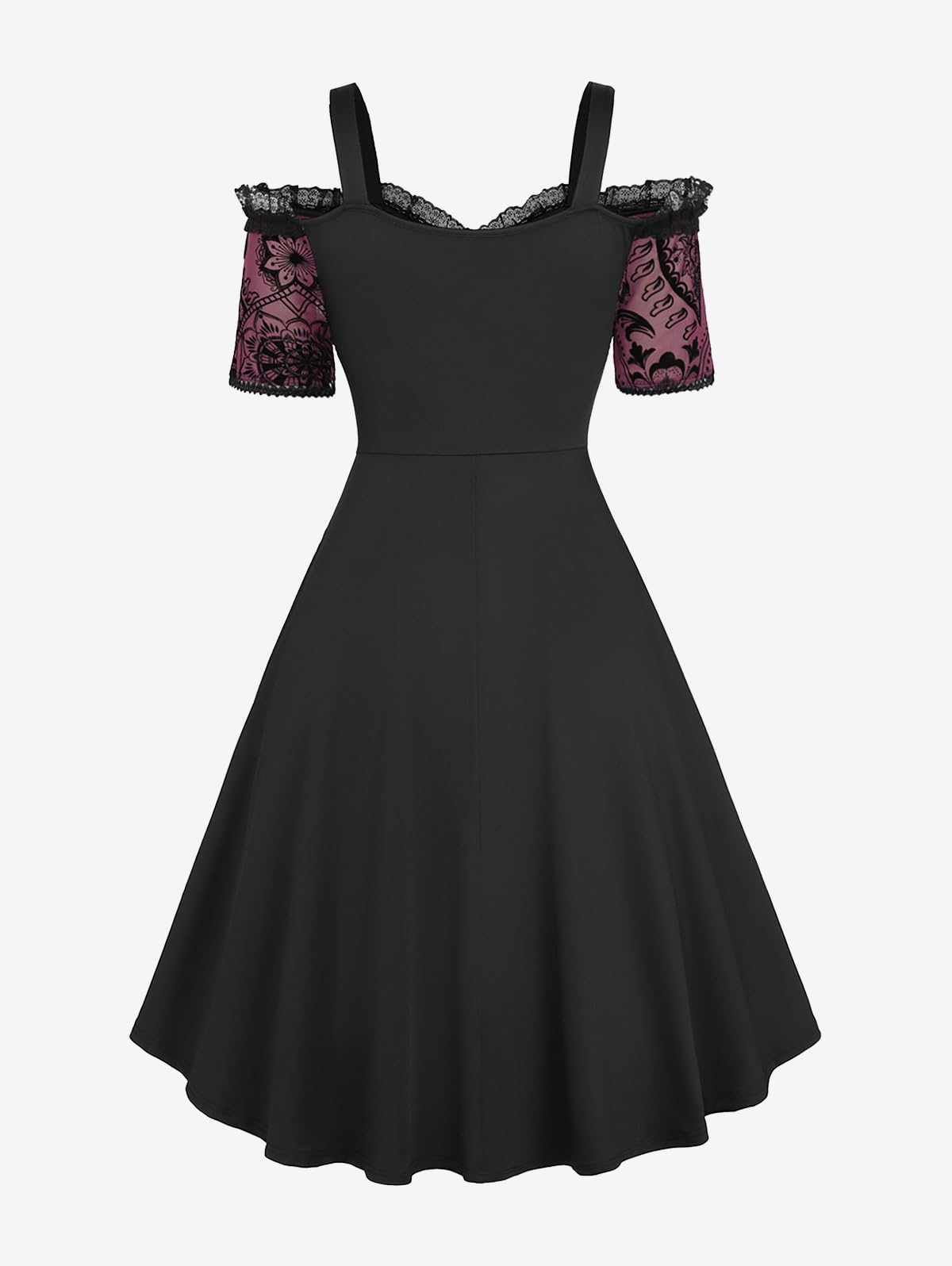 ROSE GAL Plus Size Gothic Lace Up Cross Flocking Floral Mesh Panel Layered Ruffles Cold Shoulder A Line Knee Length Flowy Dress(Red/L)