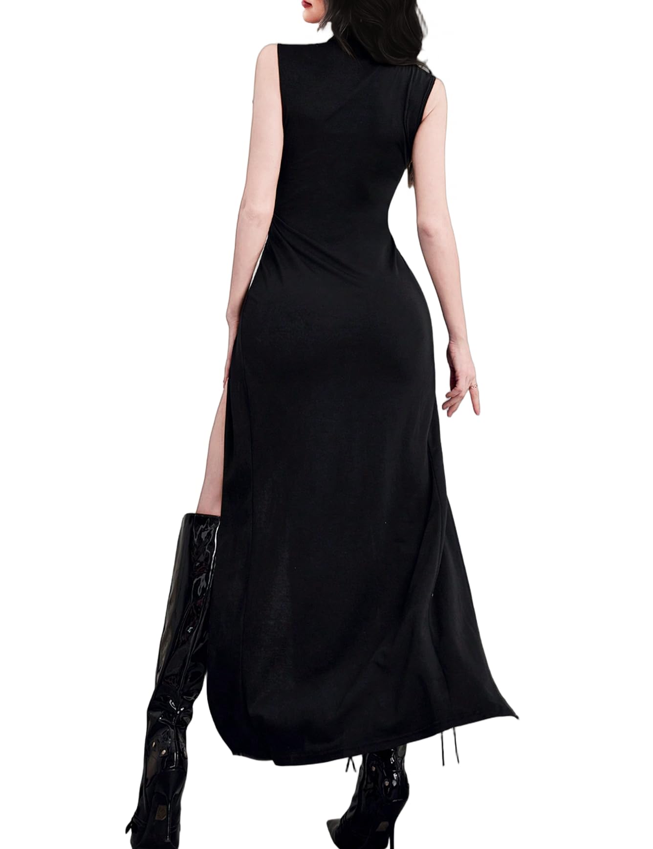 InGoticos Women's Gothic Mock Neck Split Thigh Lace Up Tank Goth Dress Without Belt Black