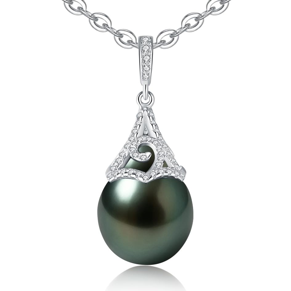 Natural Tahitian Black Pearl Necklace - Christmas Gift for Wife Mom Daughter Sister Women, Jewelry Gifts for Wedding Anniversary Birthday, 9-10mm Seawater Pearl Sterling Silver Moissanite Pendant