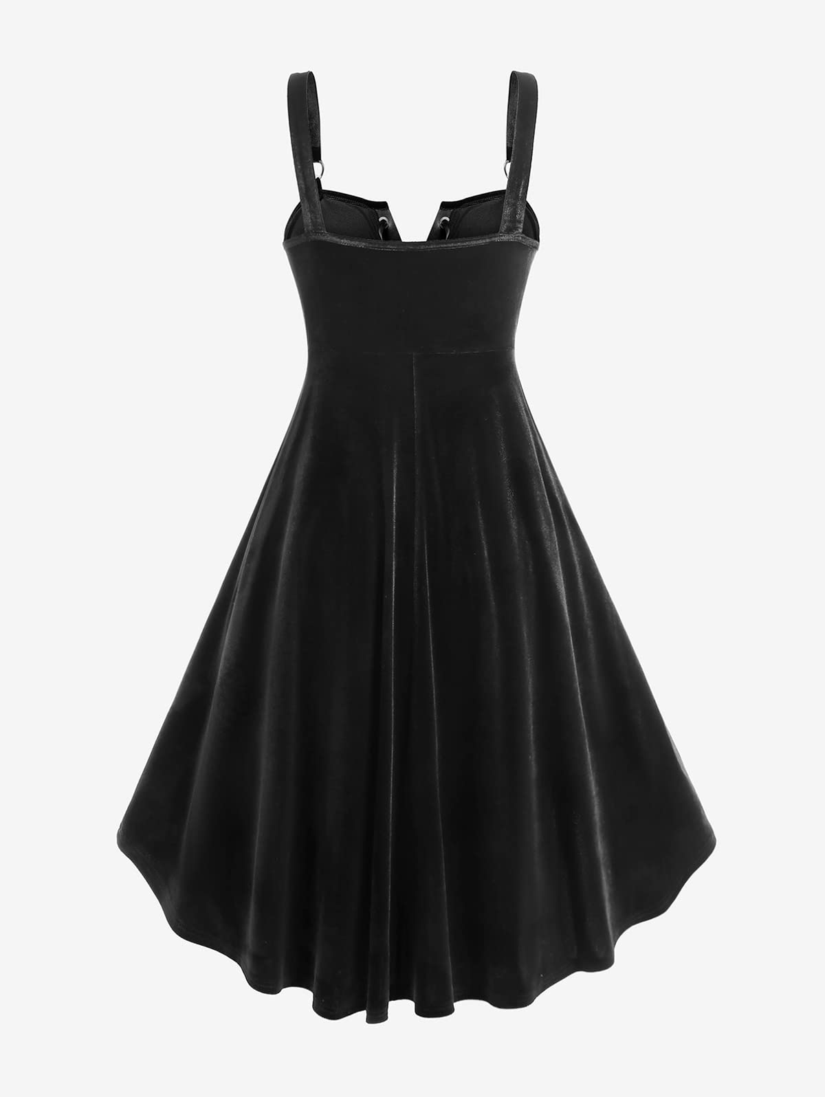 ROSE GAL Gothic Lace Up Grommets High Low Velvet Midi Dress（Black-215/2X）