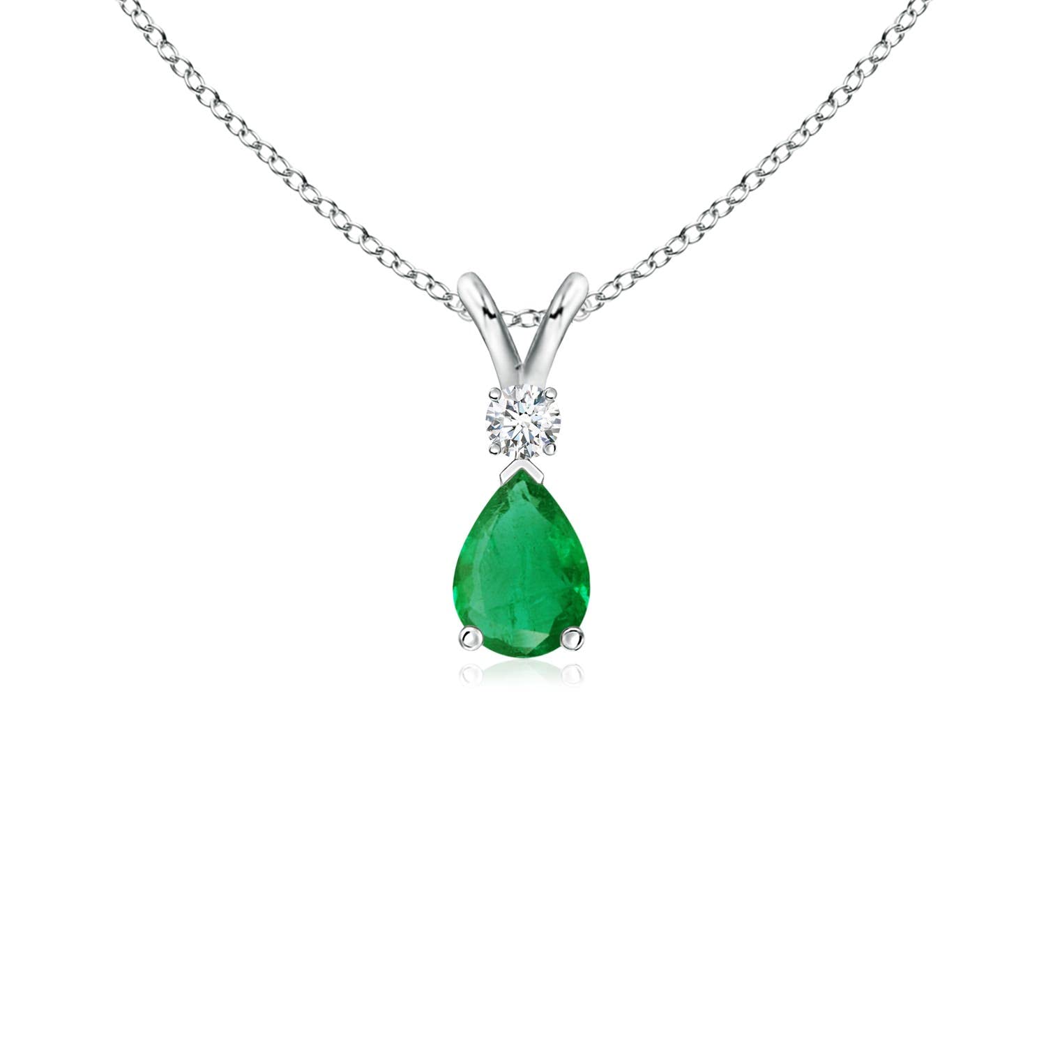 Angara 0.38 ct Emerald Teardrop V-Bale Necklace with Diamond in Sterling Silver | Natural Prong-Set Emerald Pendant for Women | July Birthday Gemstone Jewelry Gift | 6x4mm