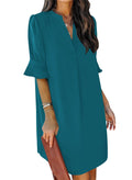 QACOHU Blue Dresses for Women Summer Ruffle Short Sleeve V Neck Solid Color Casual Short Sleeve Mini Dress Navy Blue L