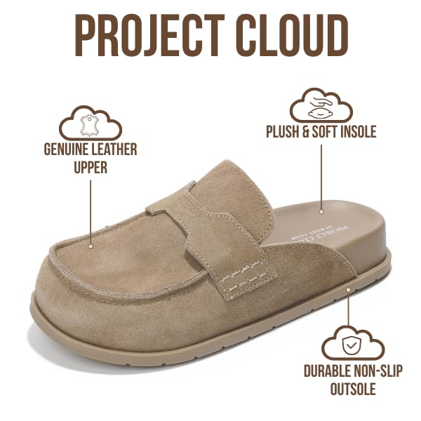 Project Cloud 100% Genuine Leather Womens Clogs - Plush & Soft Insole with Arch Support Non Slip Mules & Clogs for Women Footwear - Water Resistant Women Shoes (Foamy, TAUPSUEDE, 9)