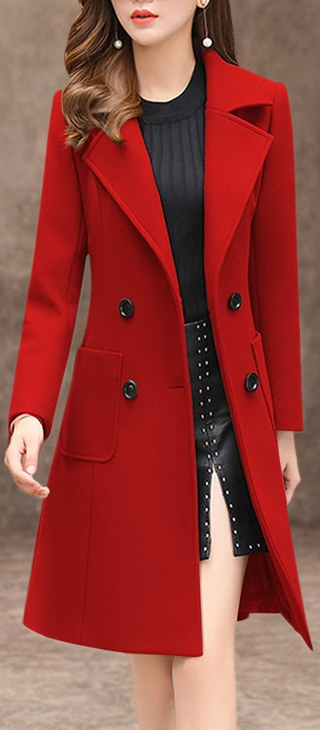 chouyatou Women Elegant Notched Collar Double Breasted Wool Blend Over Coat (Medium, Red)