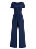 Acelitt One Piece Jumpsuits for Women Dressy Casual Short Sleeve Squared Neck Wide Leg Rompers Jumpers with Pockets Vacation Summer Outfits Navy Blue Large