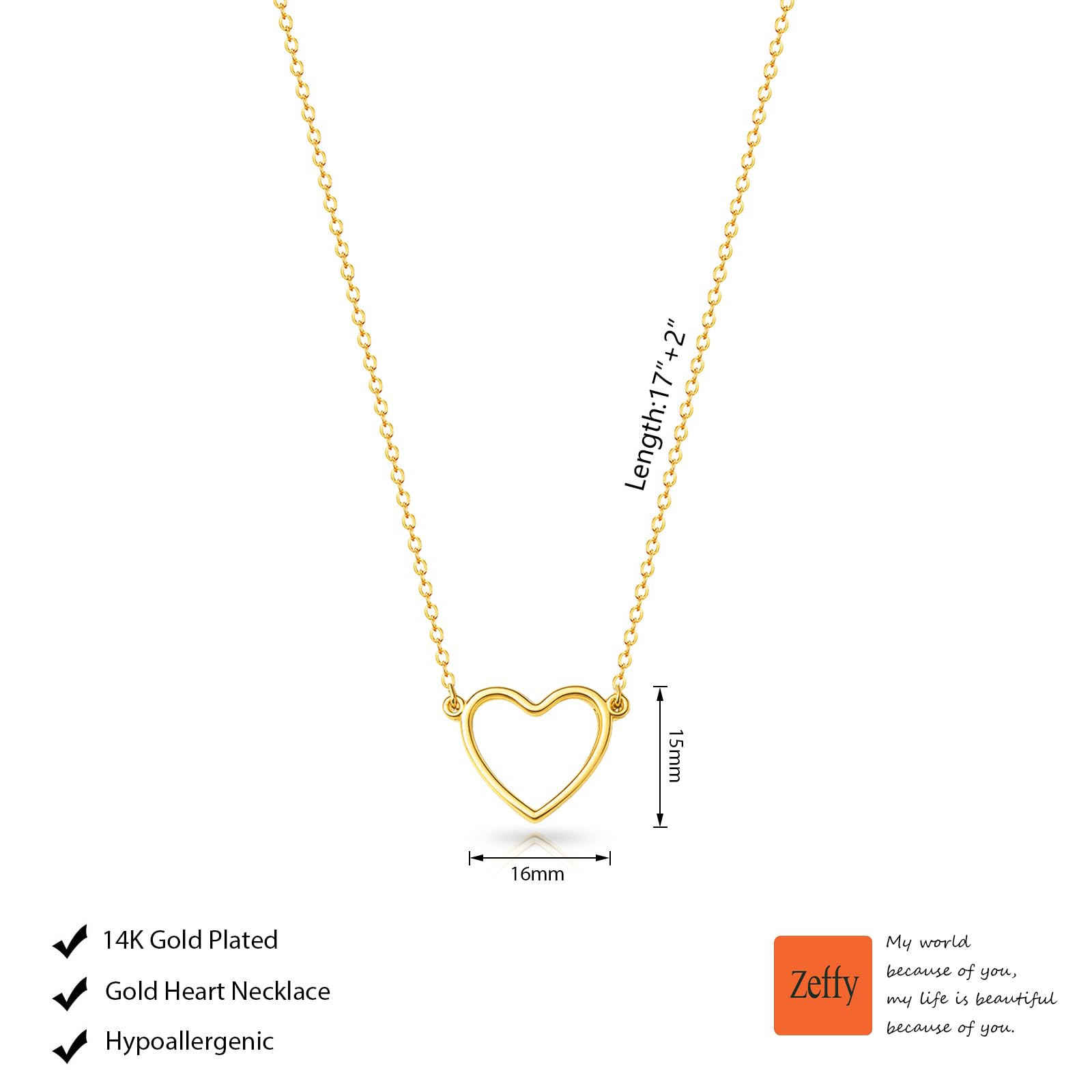 Zeffy Heart Necklace for Women - Dainty 14K Gold Plated Cute Open Heart Pendant Necklaces Simple Gold Choker Necklace Trendy Gold Jewelry for Women Valentines Day Gifts