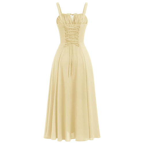 ABEHIK Summer Dress for Women 2024 Floral Corset Dress Boho Flowy Slit Bustier Lace Up Midi Dresses Going Out A Line Casual Sundress Adjustable Spaghetti Straps Bodycon Yellow XS