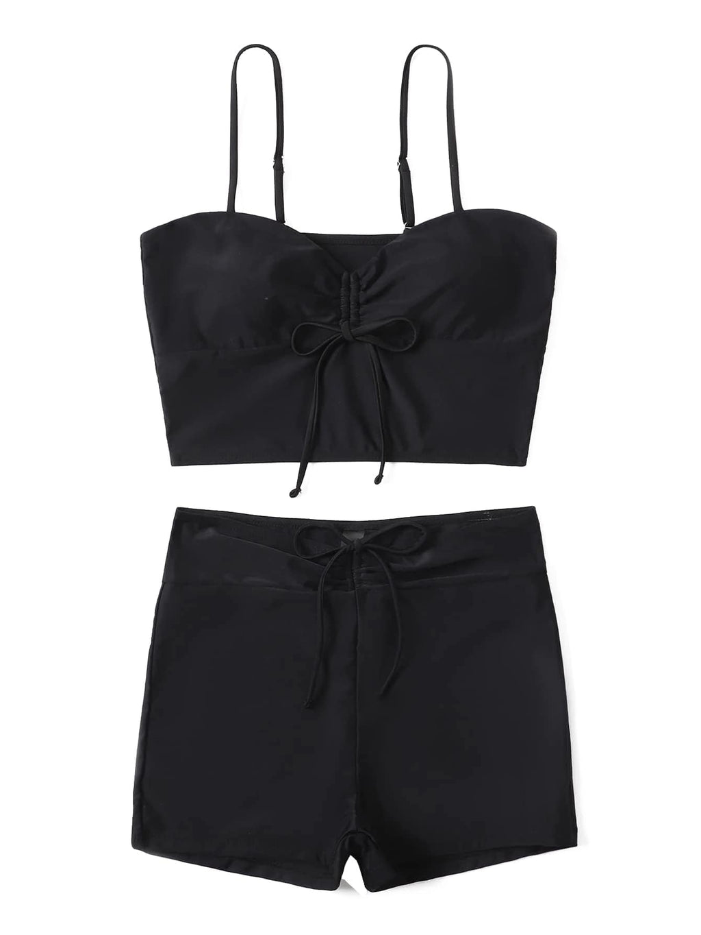 Lilosy Petite Tummy Control Drawstring High Waisted Bikini Set String Swimsuit Spaghetti Strap Cami Top and Tie Side Shorts 2 Piece Women Bathing Suit Black X-Small