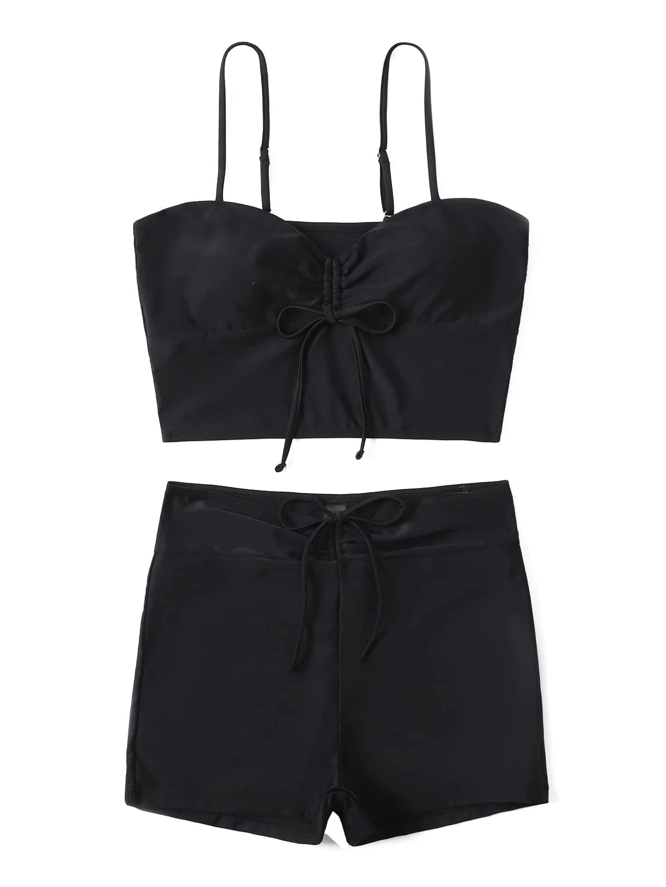 Lilosy Petite Tummy Control Drawstring High Waisted Bikini Set String Swimsuit Spaghetti Strap Cami Top and Tie Side Shorts 2 Piece Women Bathing Suit Black X-Small