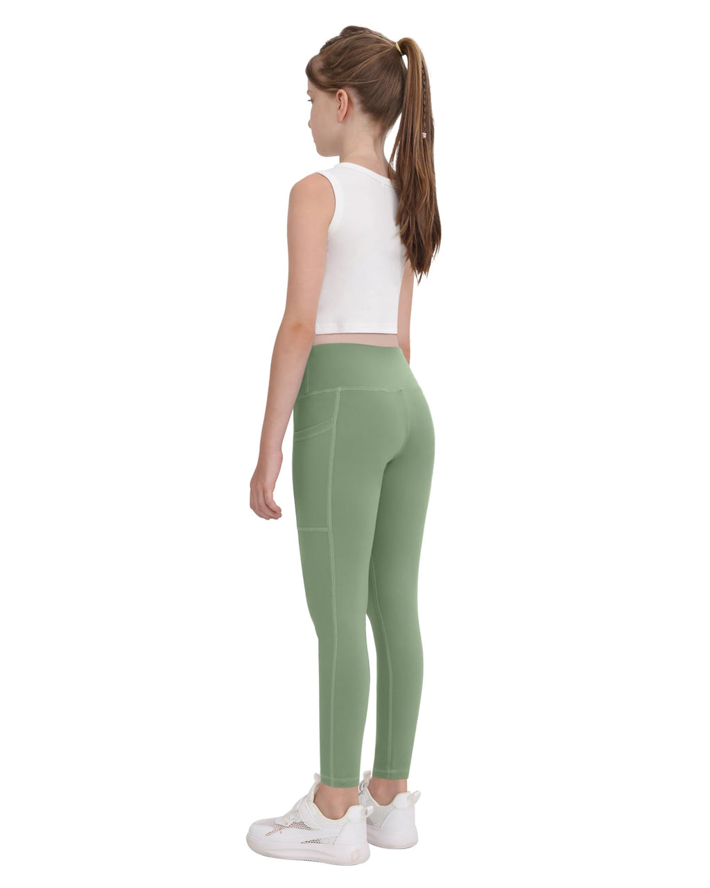 CHRLEISURE Girls' Athletic Leggings with Pockets, 5 Packs Kids Teen Dance Yoga Workout Running Pants for 8-9 Years(BlackGrayRedBlueLGreen, M)