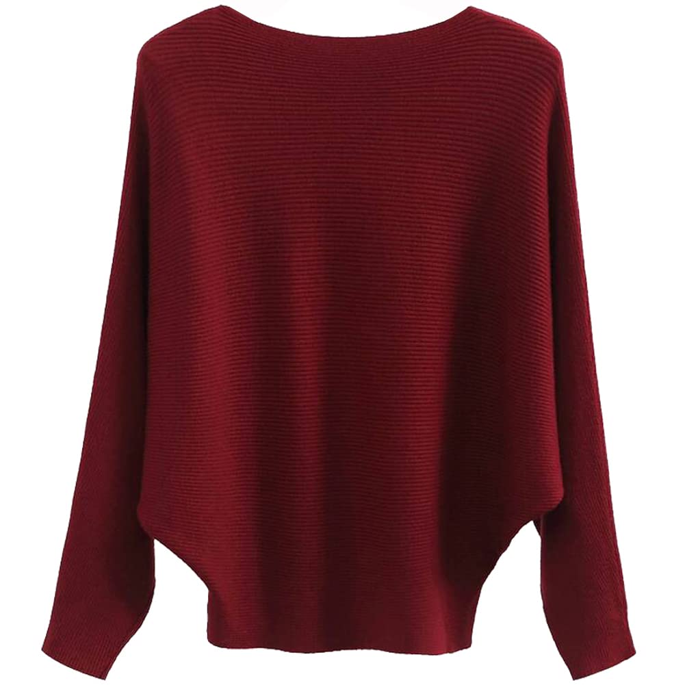 Ckikiou Womens Lightweight Oversized Boat Neck Sweaters Tops Dolman Batwing Sleeve Ribbed Knitted Pullovers Red