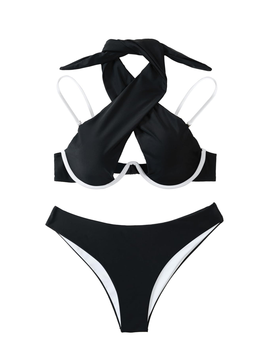 Lilosy Sexy Cute Underwire Push Up Cutout Halter Criss Cross High Cut Leg Thong Brazilian Bikini Swimsuit Set Women Cheeky Bottom Bathing Suit 2 Two Piece Black White 2# Medium
