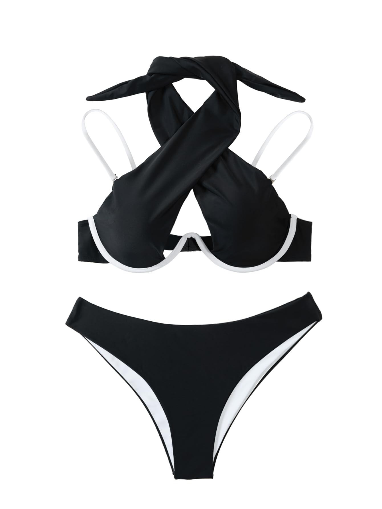 Lilosy Sexy Cute Underwire Push Up Cutout Halter Criss Cross High Cut Leg Thong Brazilian Bikini Swimsuit Set Women Cheeky Bottom Bathing Suit 2 Two Piece Black White 2# Medium