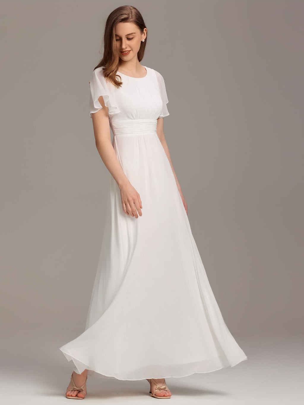 Ever-Pretty Women's Spring Elegant Round Neck Short Sleeve Chiffon Empire Waist Floor Length Formal Dresses Bridesmaid Dress White US14
