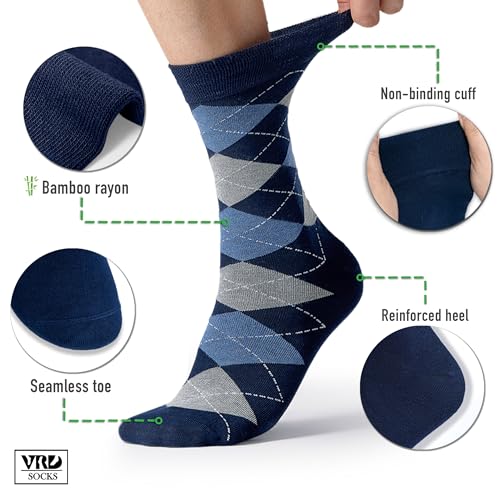 VRD Men’s Dress Socks Bamboo Rayon 5-Pack Crew Socks Assorted Pattern Fits Shoe Size 8-13 Gift Box