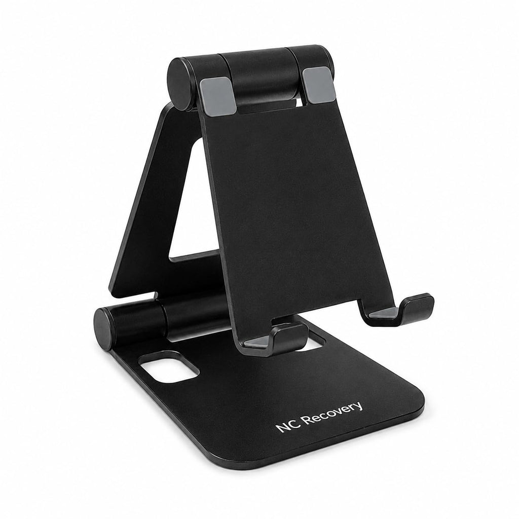 NC Recovery Adjustable Foldable Phone Stand for Desk, Portable Cell Phone Holder with Cable-Friendly Open Base, Compatible with iPhone, Samsung Galaxy and Android Smartphones