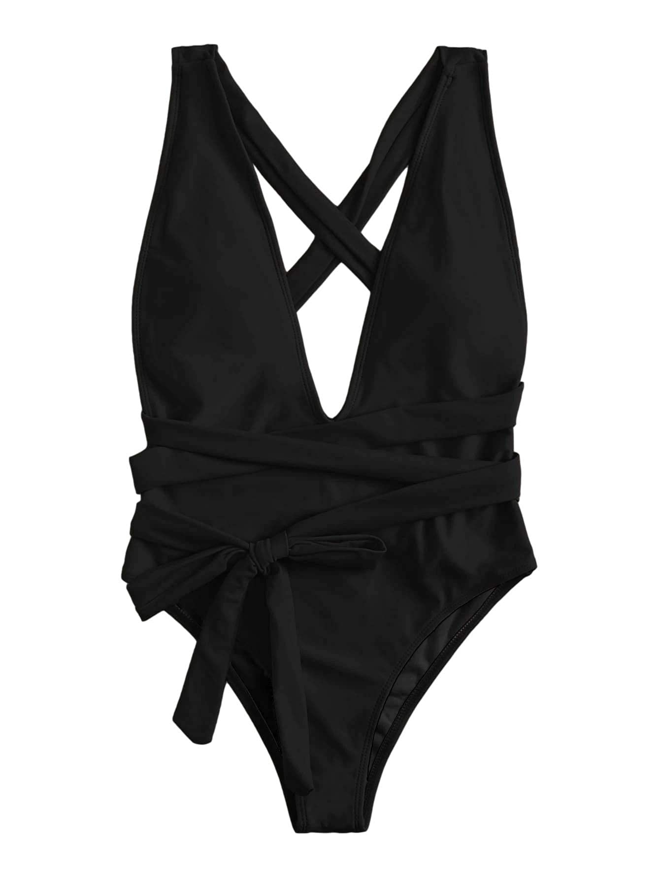 Lilosy Petite Sexy Lace Up Plunge Neck Backless High Waisted Cut Leg Rise Thong Cheeky Brazilian 1 Piece Bikini Swimsuit Women Back Bathing Suit Tie Criss Cross Monokini Black XX-Small