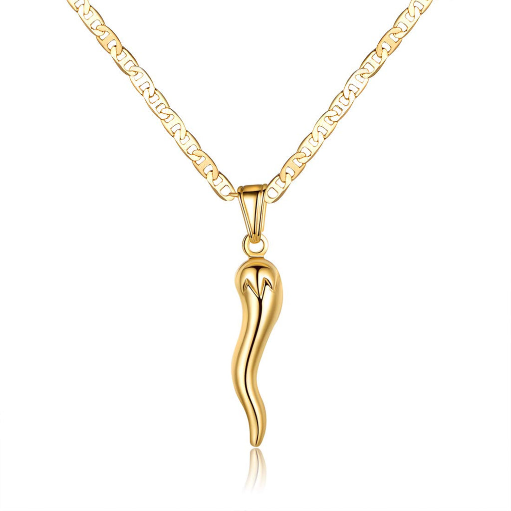 Barzel 18K Gold Plated Flat Marina Chain With Italian Horn Necklace Cornicello - Made In Brazil (24 Inches)