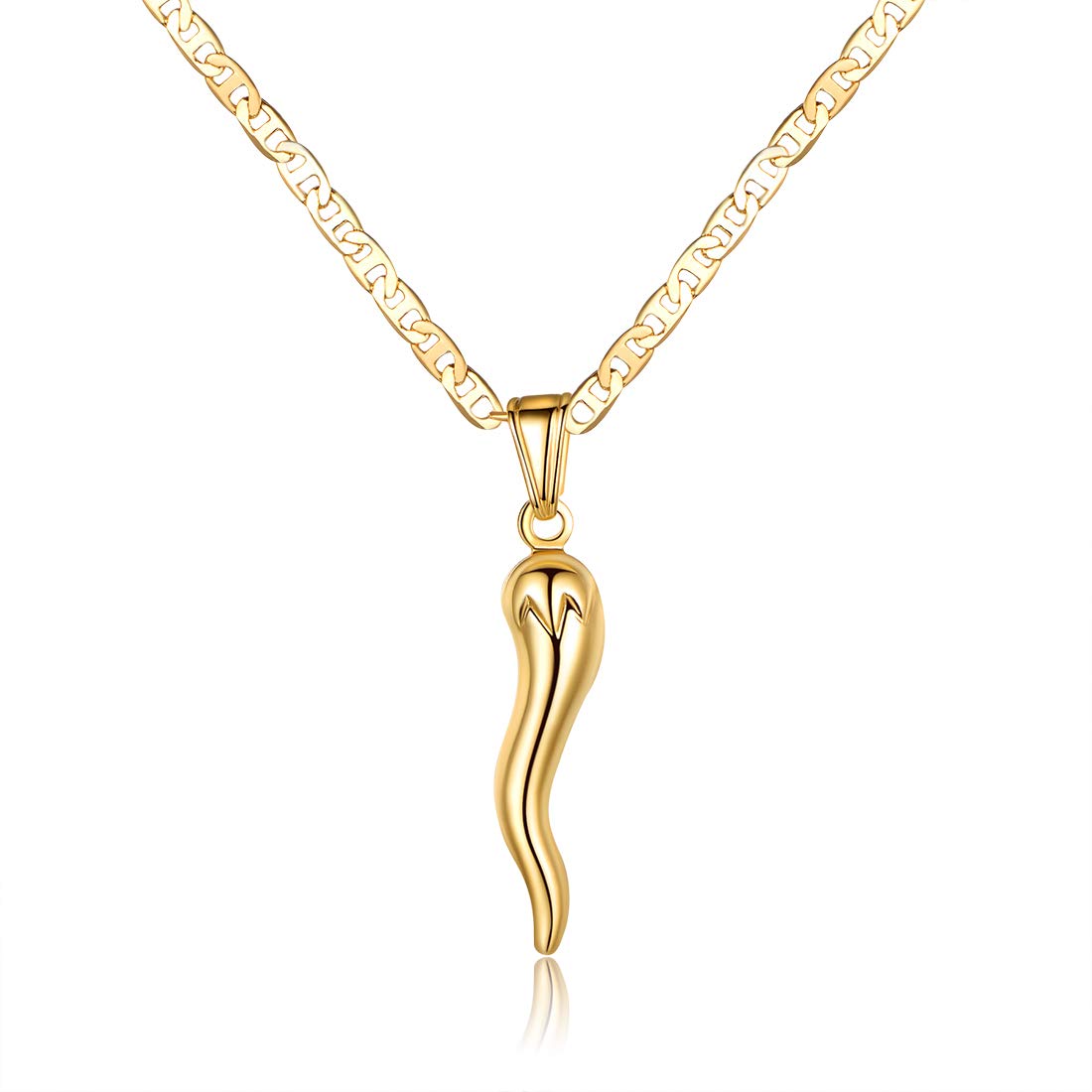 Barzel 18K Gold Plated Flat Marina Chain With Italian Horn Necklace Cornicello - Made In Brazil (24 Inches)