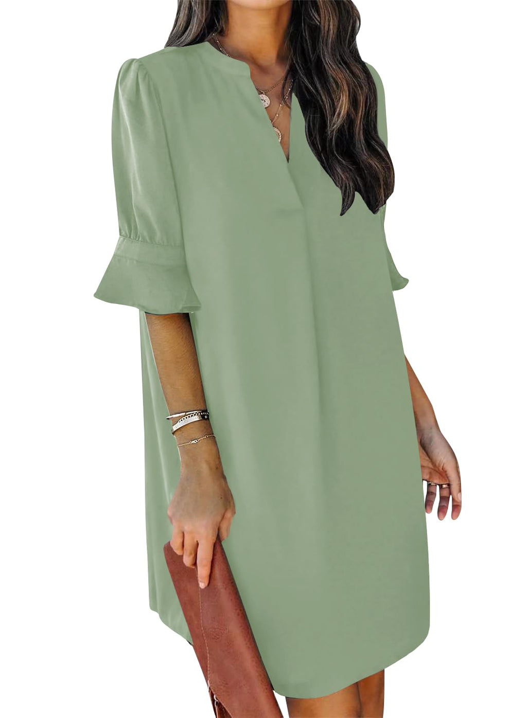 QACOHU Women's Ruffle Dresses Short Sleeve V-Neck Straight Casual Elegant Solid Color Simple Tunic Dress Light Green L