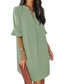 QACOHU Women's Ruffle Dresses Short Sleeve V-Neck Straight Casual Elegant Solid Color Simple Tunic Dress Light Green L