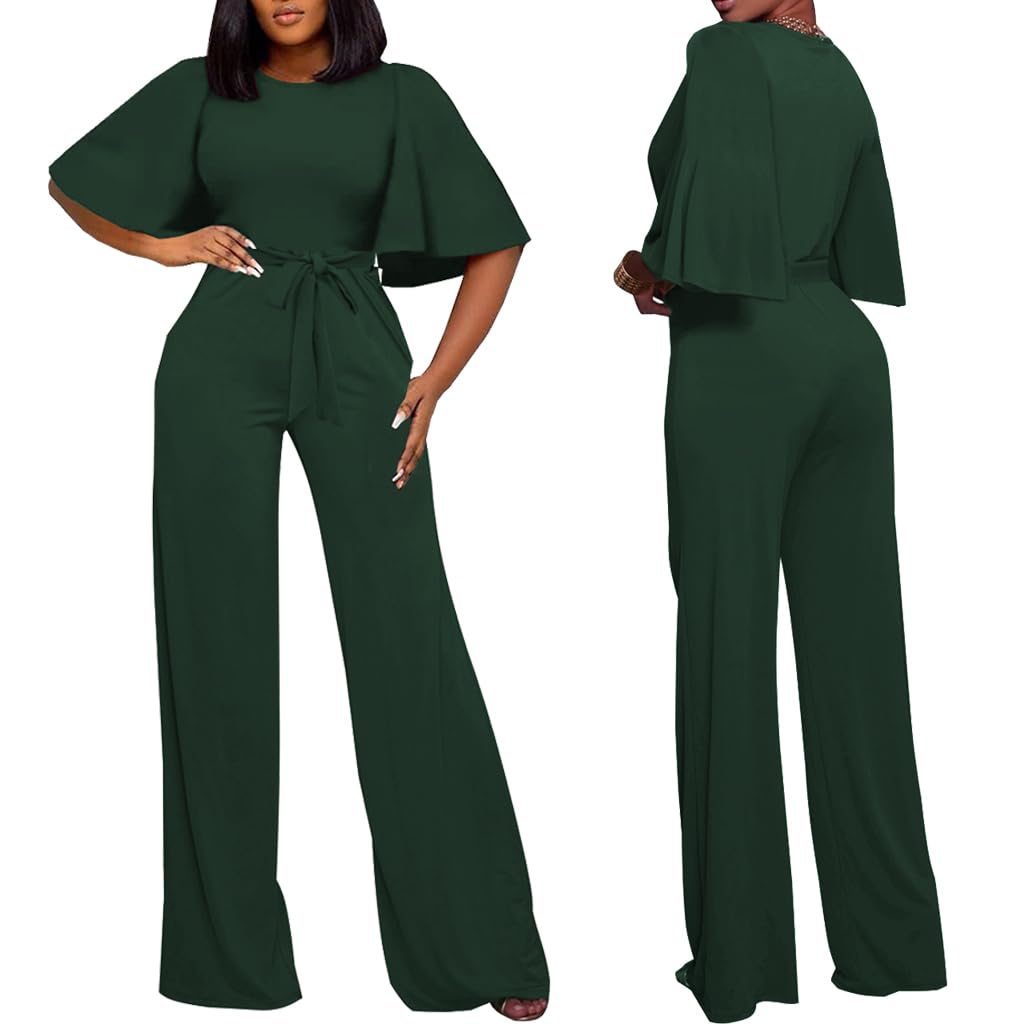 BessCops Womens Loose Short Sleeve Belted Wide Leg Pant Romper Jumpsuit Casual Business One Piece Outfits Green