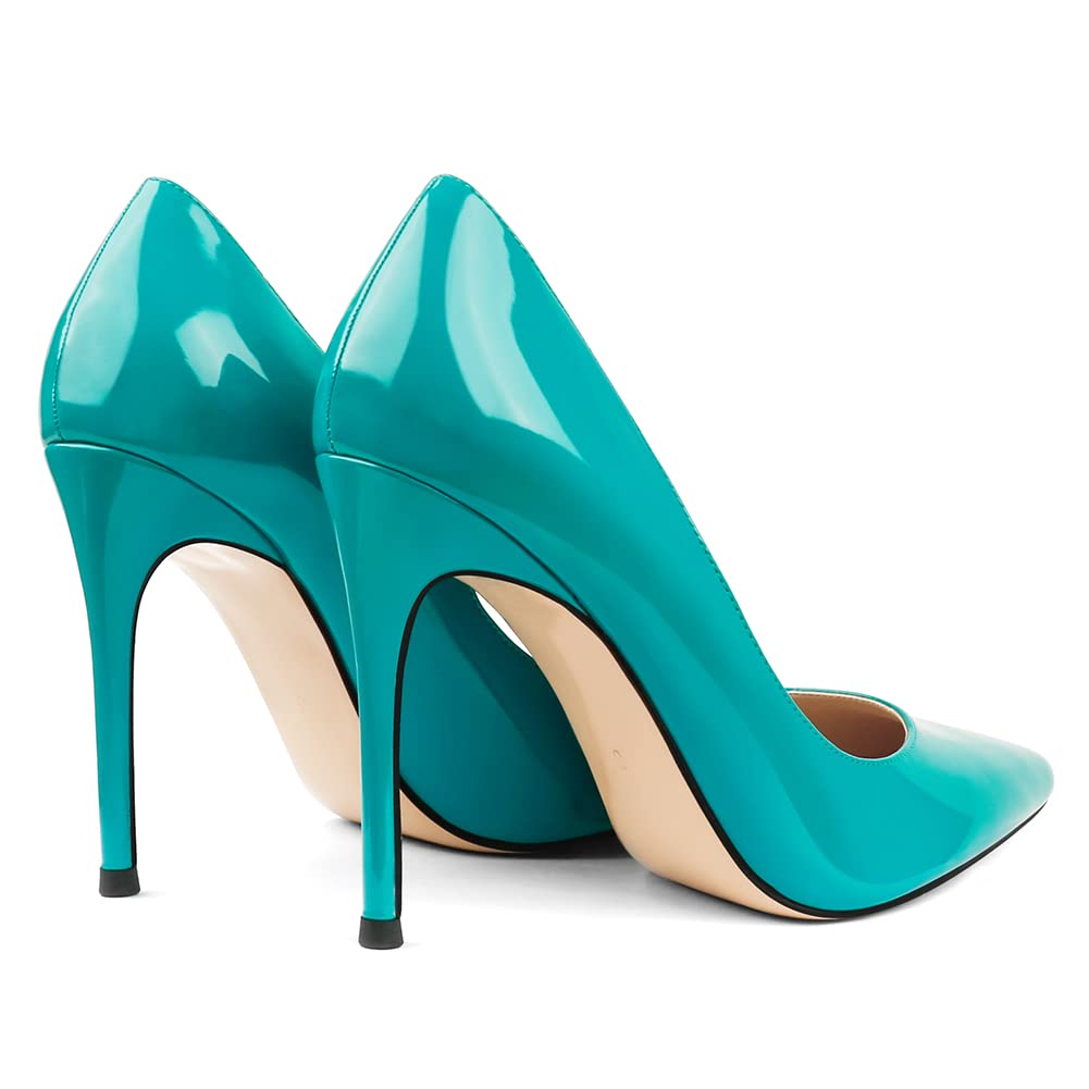 COLETER Women's 4 Inch Pumps Pointy Toe Wedding Dress Shoes Slip on Stiletto Pumps Patent Teal 11US