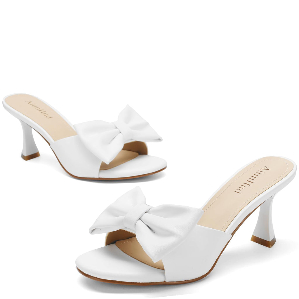 Women's Kitten Heels - Bow Round Open Toe Slip On Sandals 2 3/4-Inch Comfortable Low Heels, Perfect for Wedding, Dates, Casual, Office & Summer Parties (White, US Footwear Size System, Adult, Women, Numeric, Medium, 8)