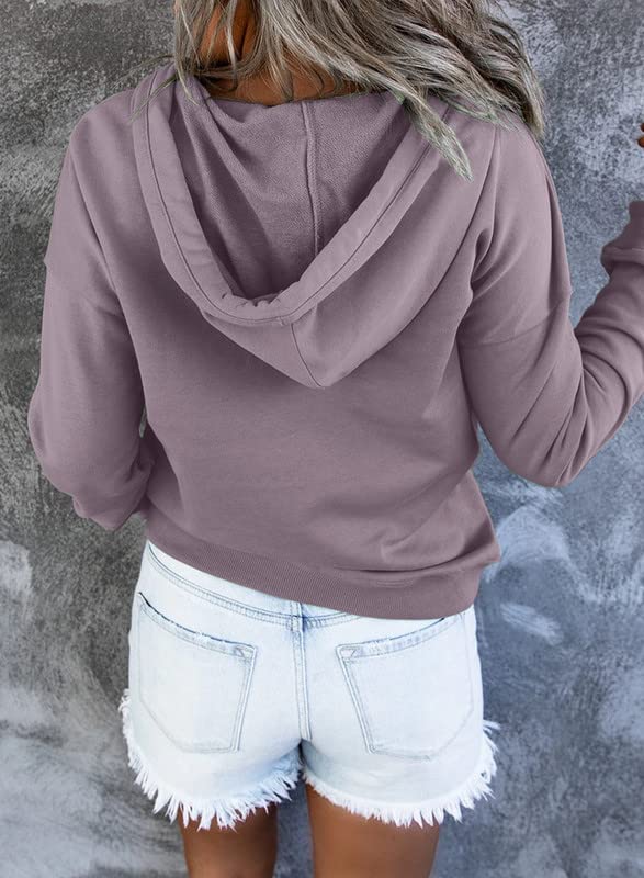 Dokotoo Oversized Sweatshirt for Women Winter Clothing Drawstring Womens Hoodies Button Collar Fleece Long Sleeve with Pockets Hooded Pullover Casual Loose Fit Cute Hoodie Tops Shirts Purple Small