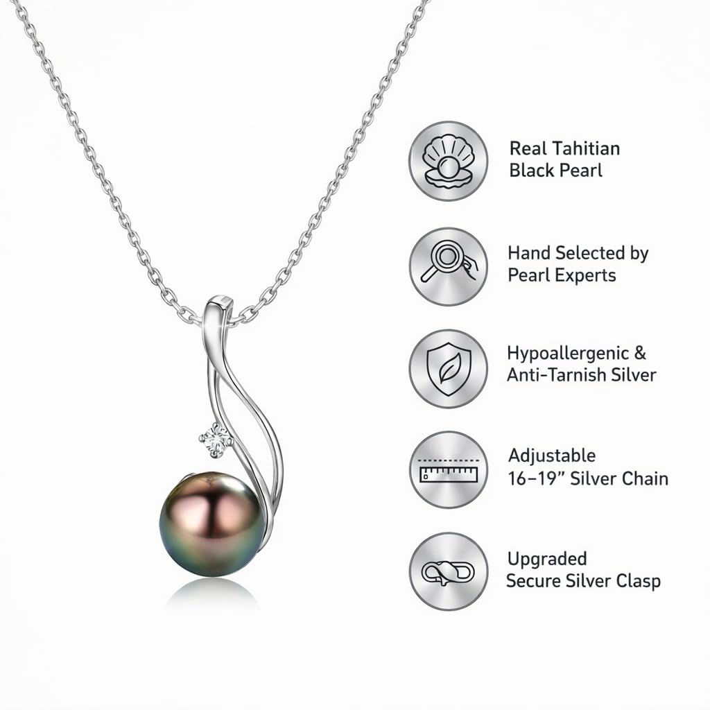 CHAULRI Tahitian Black Pearl Necklaces for Women - Anniversary, Birthday, Valentines Day Gifts for Wife, Girlfriend, Mom 18K White Gold Plated 925 Sterling Silver Real Pearl Jewelry