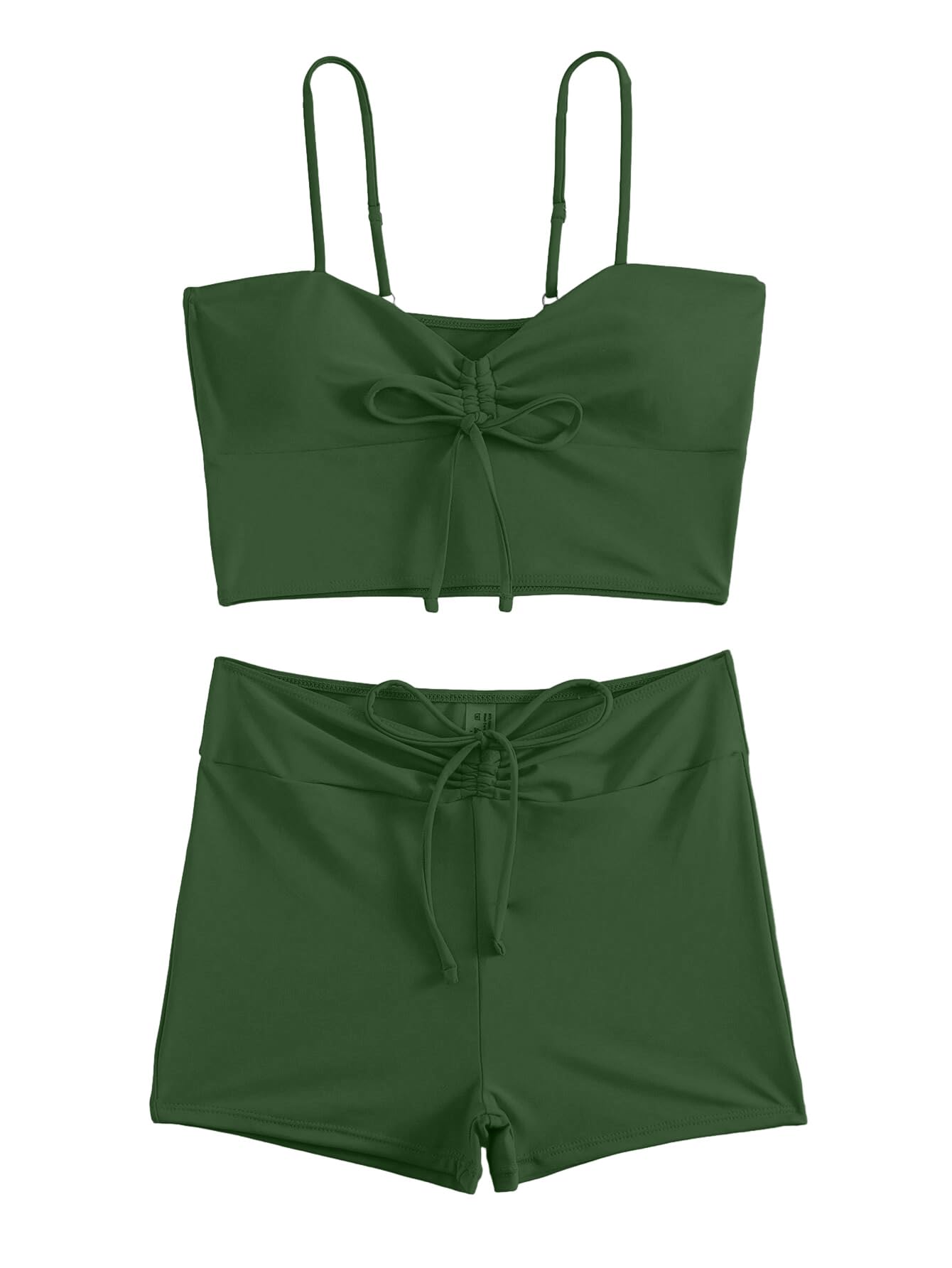 Lilosy High Waisted Tummy Control Drawstring Bikini Set String Swimsuit Cami Top and Tie Side Shorts 2 Piece Women Bathing Suit Army Green Small