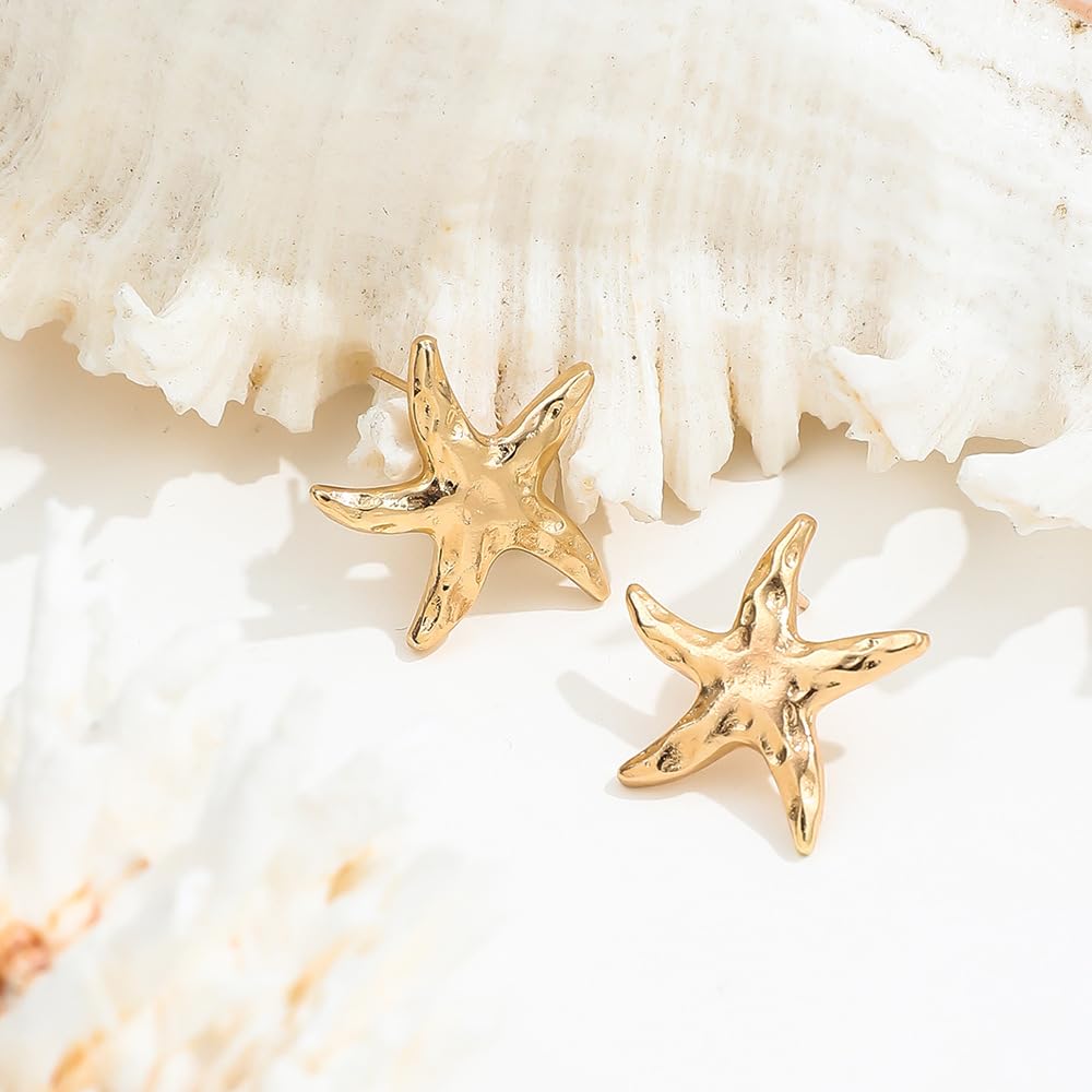 14K Gold Plated Starfish Earrings for Women Trendy, Boho Summer Beach Starfish Earring Gold Statement Hypoallergenic Studs Vacation Outfits Accessories Jewelry (Gold-2)
