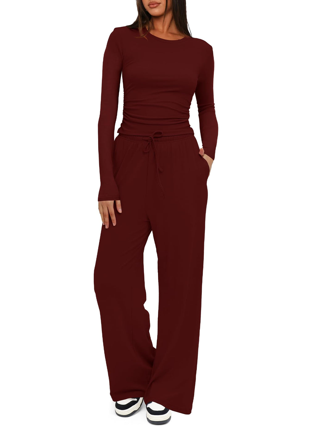 Darong Womens 2 Piece Outfit Long Sleeve Pullover Tops Wide Leg Pants Set Tracksuits 9065A Wine Red S