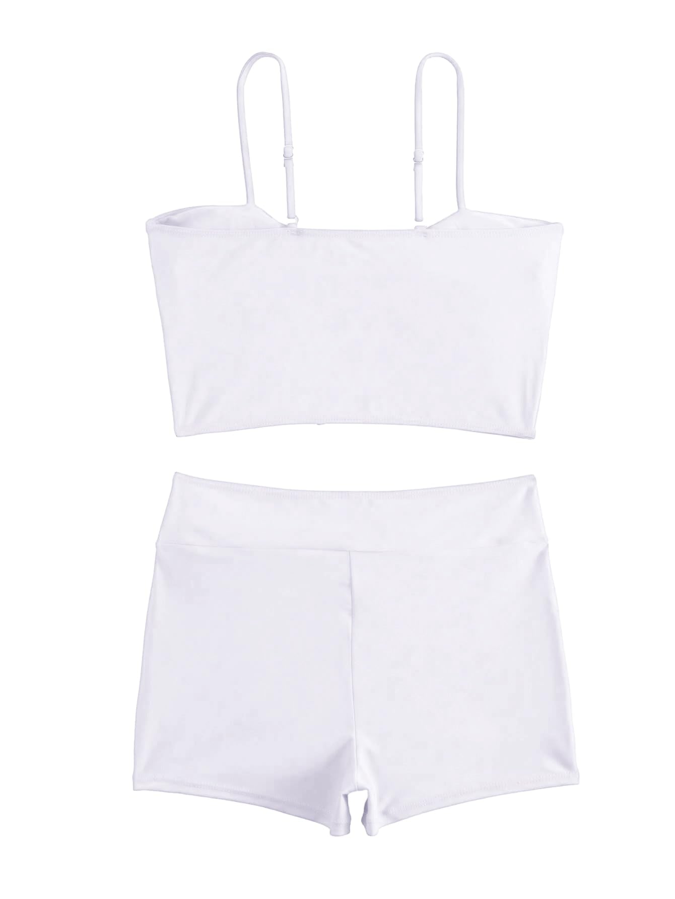 Lilosy Tummy Control Drawstring High Waisted Bikini Set String Swimsuit Spaghetti Strap Cami Top and Tie Side Shorts 2 Piece Women Bathing Suit White Small